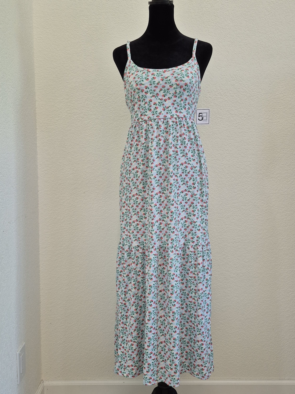 Floral Spaghetti-Strap Maxi Dress - White with Pink & Green